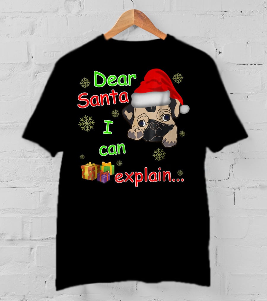 Dear Santa I Can Explain Pug In Santa Hat With Snowflakes And Presents T-Shirt