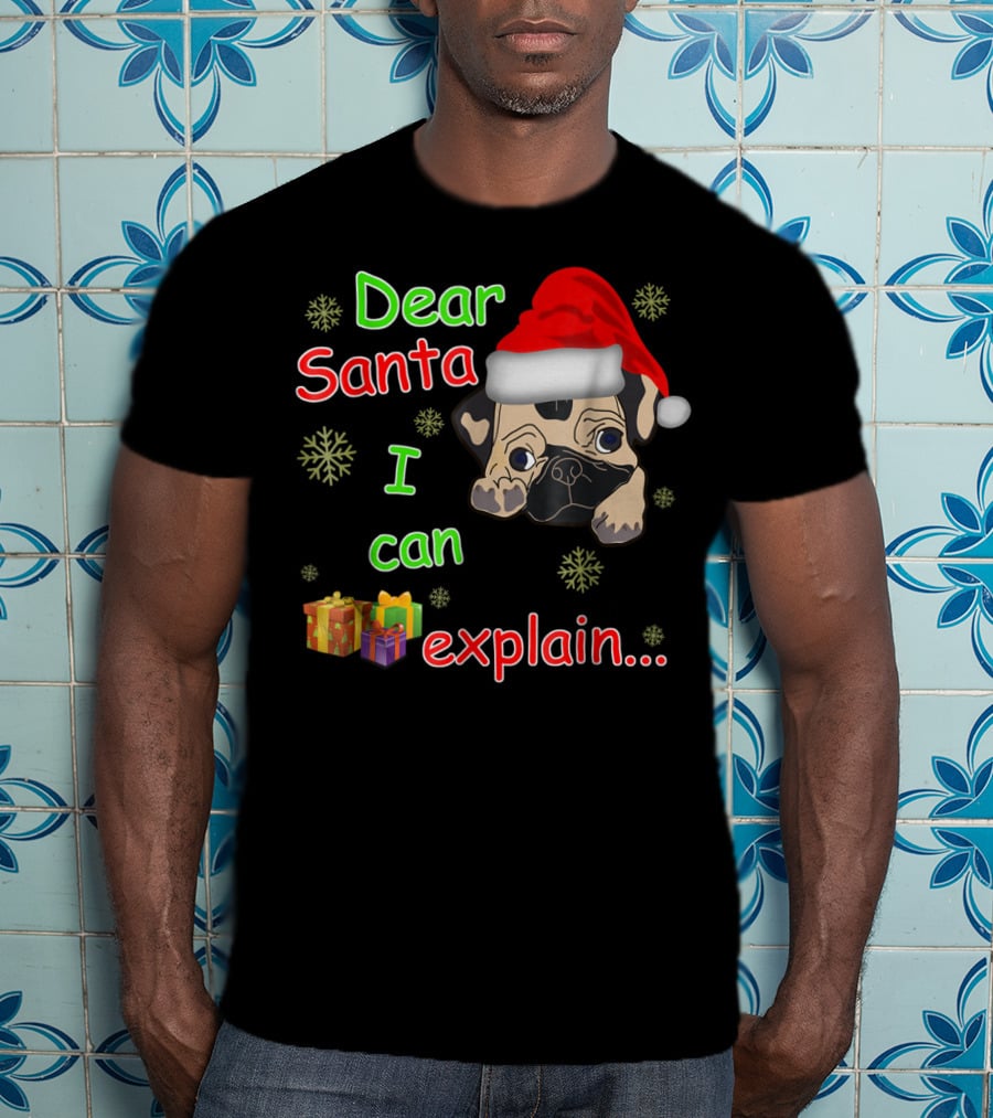 Dear Santa I Can Explain Pug In Santa Hat With Snowflakes And Presents T-Shirt