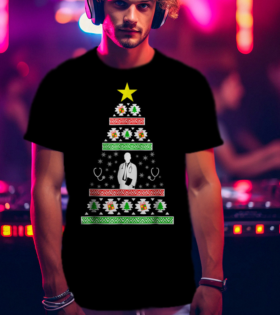 Doctor Christmas Tree Stethoscope Pattern Dad35 T-Shirt