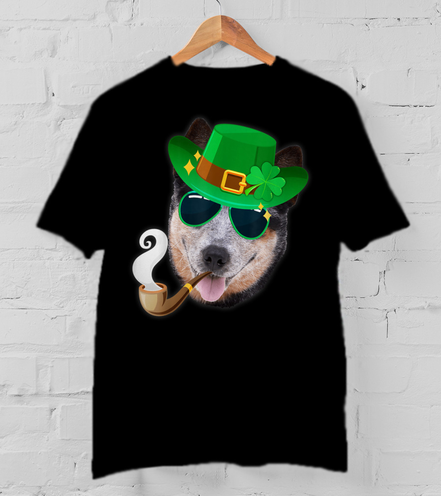 Australian Cattle Dog Leprechaun With Pipe And Shamrock Hat T-Shirt