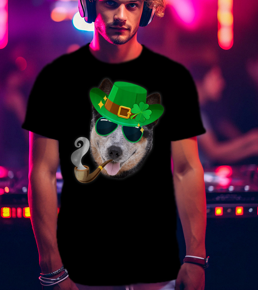 Australian Cattle Dog Leprechaun With Pipe And Shamrock Hat T-Shirt