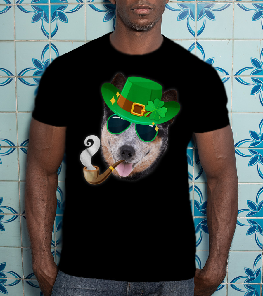 Australian Cattle Dog Leprechaun With Pipe And Shamrock Hat T-Shirt
