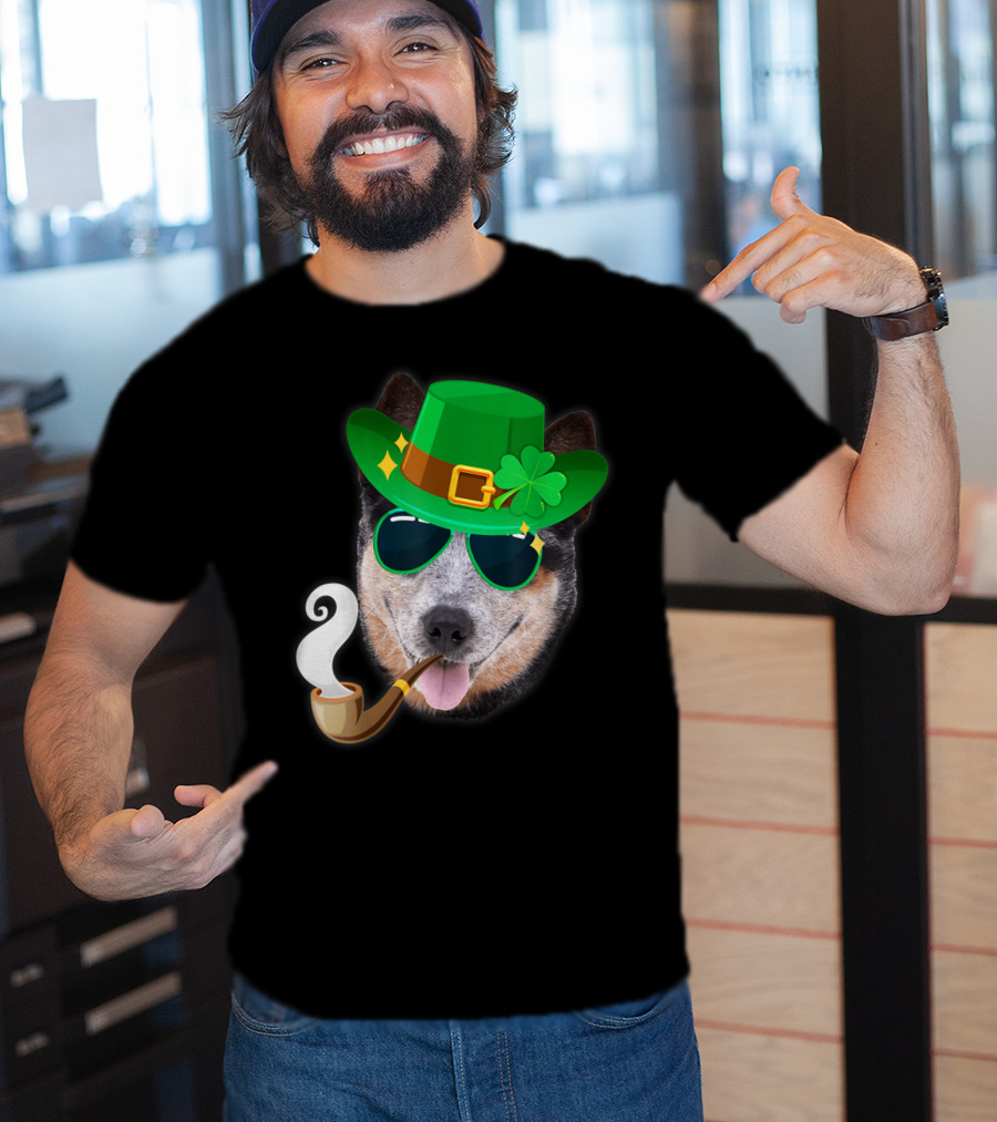 Australian Cattle Dog Leprechaun With Pipe And Shamrock Hat T-Shirt