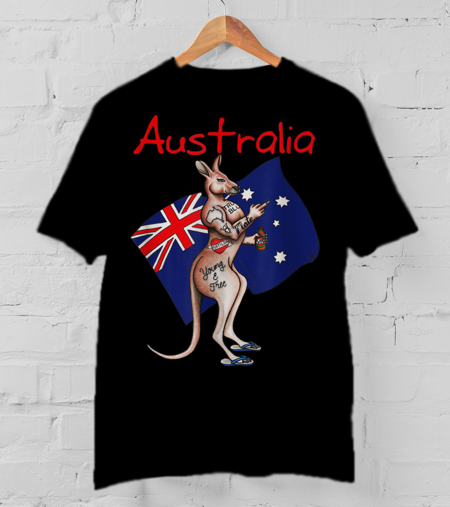 Australia Tattooed Kangaroo Young And Free Flag T-Shirt