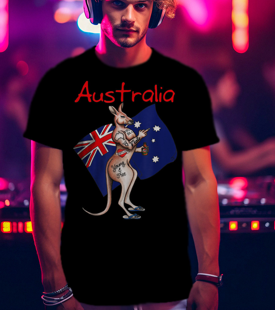 Australia Tattooed Kangaroo Young And Free Flag T-Shirt