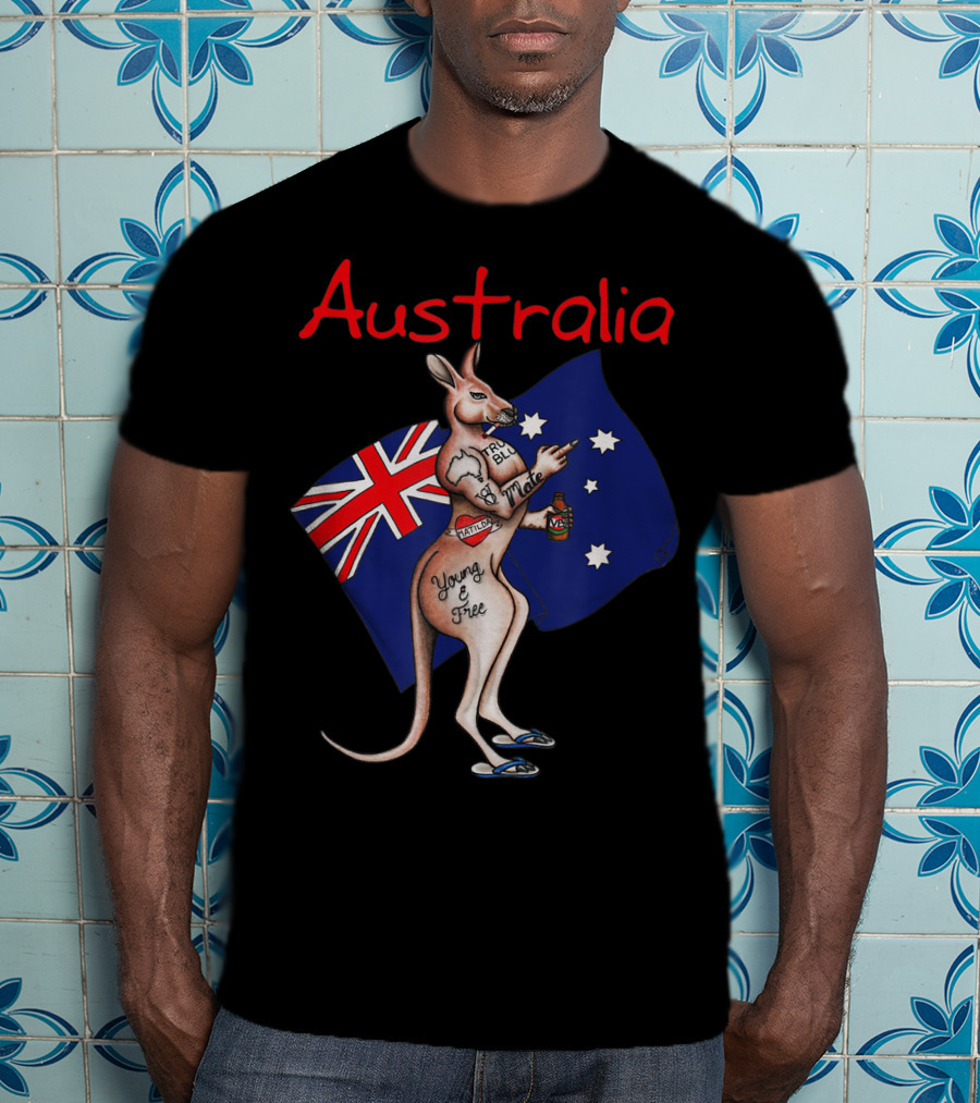 Australia Tattooed Kangaroo Young And Free Flag T-Shirt