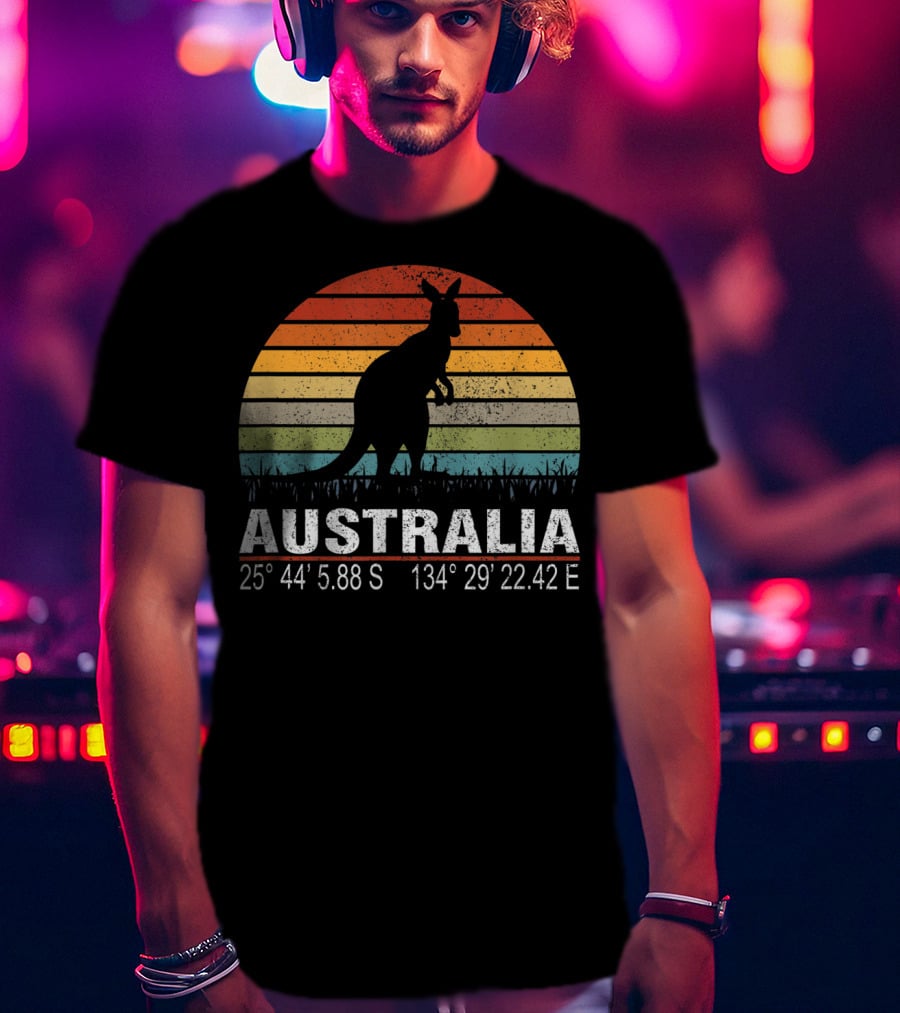 Australia Retro Kangaroo Silhouette Sunset With GPS Coordinates T-Shirt