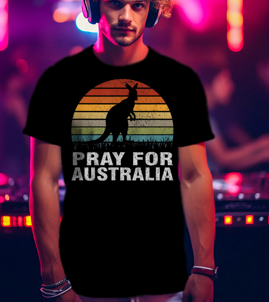 Retro Sun Stripes Kangaroo Silhouette Pray For Australia T-Shirt