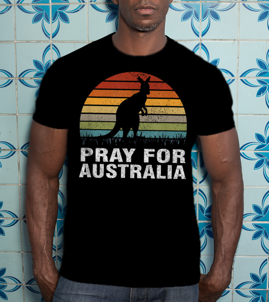 Retro Sun Stripes Kangaroo Silhouette Pray For Australia T-Shirt