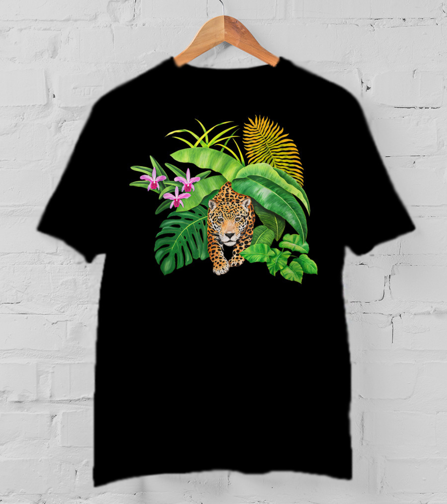 Jaguar Amongst Amazonas Foliage With Orchid Flowers Australia Animal Print Cat T-Shirt