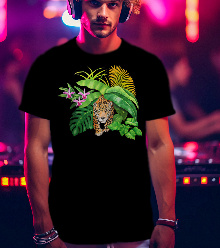 Jaguar Amongst Amazonas Foliage With Orchid Flowers Australia Animal Print Cat T-Shirt