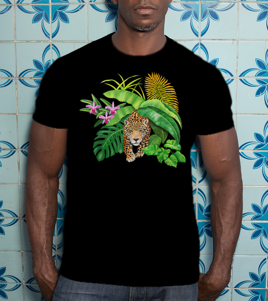 Jaguar Amongst Amazonas Foliage With Orchid Flowers Australia Animal Print Cat T-Shirt