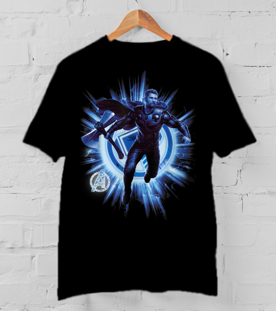 Thor Avengers Endgame Blast With Axe And Blue Lightning Background T-Shirt