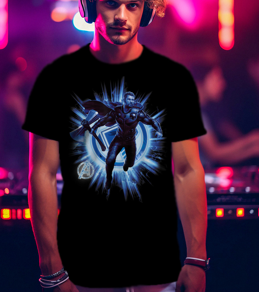 Thor Avengers Endgame Blast With Axe And Blue Lightning Background T-Shirt