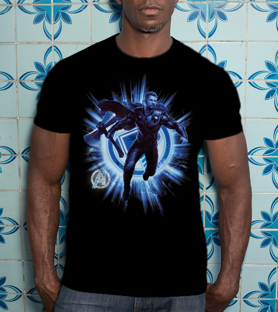 Thor Avengers Endgame Blast With Axe And Blue Lightning Background T-Shirt
