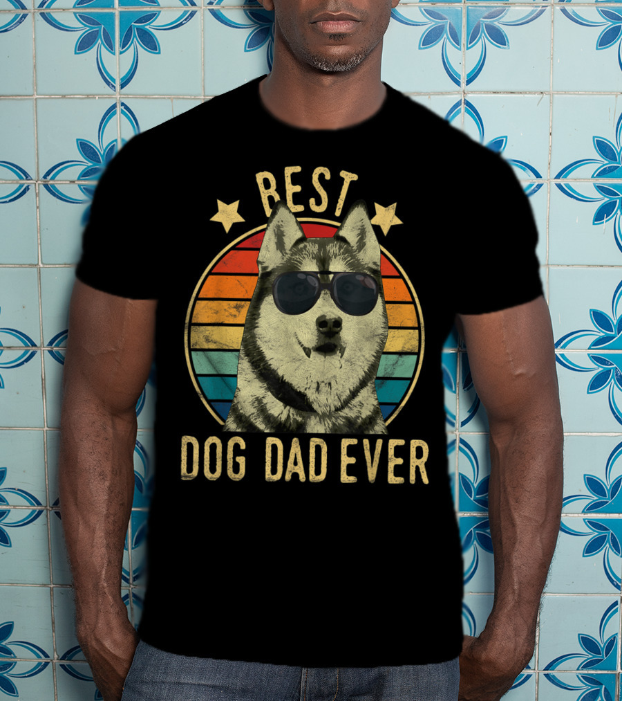 Mens Best Dog Dad Ever Siberian Husky Wearing Sunglasses T-Shirt
