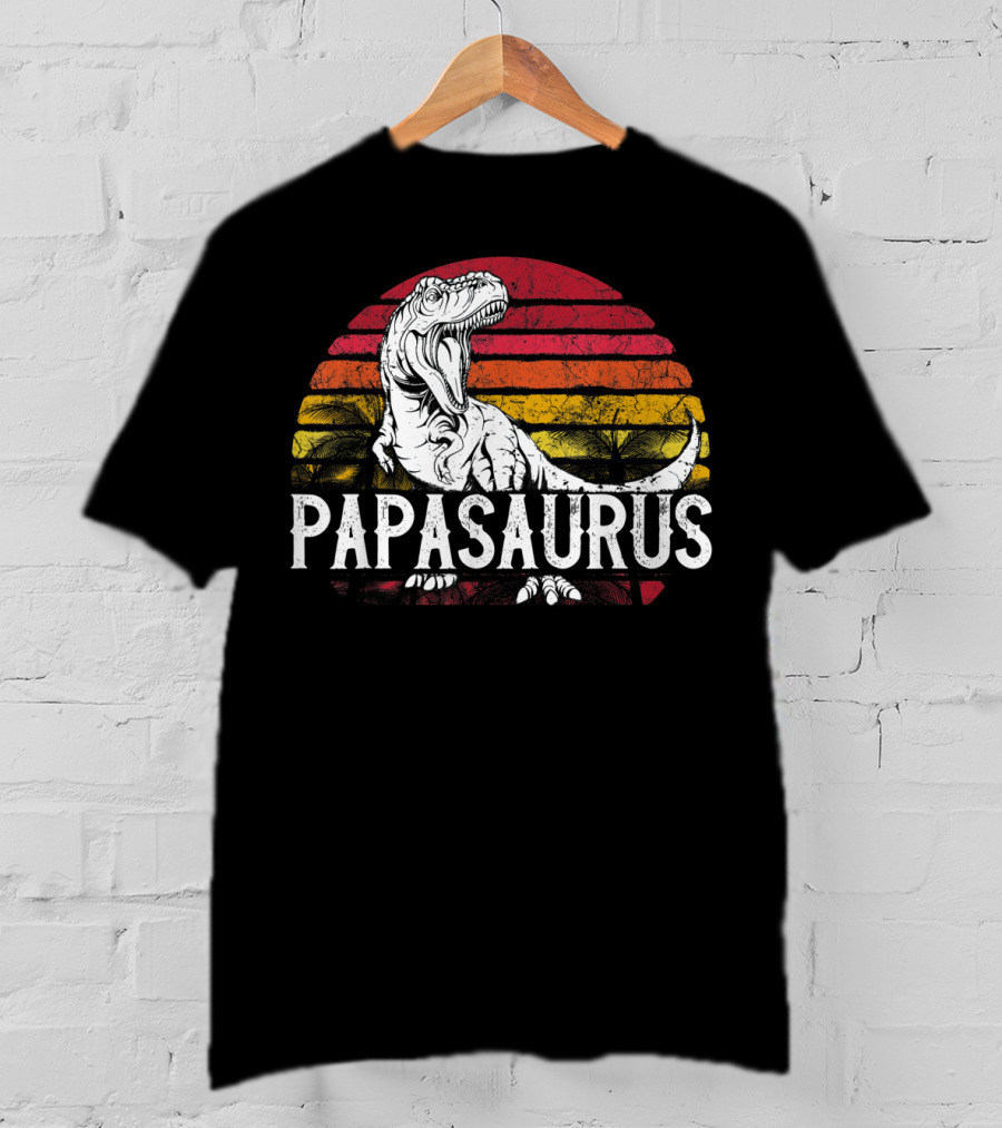 Mens Father's Day Papasaurus Dinosaur Retro Sunset T-Shirt