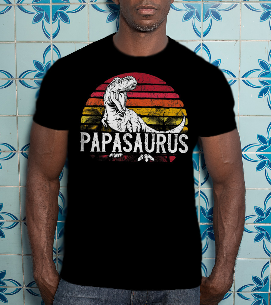 Mens Father's Day Papasaurus Dinosaur Retro Sunset T-Shirt