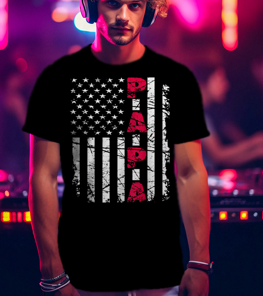 Mens Proud Papa American Flag Christmas Husban T-Shirt
