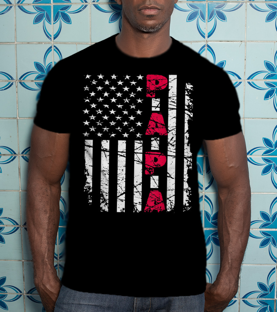 Mens Proud Papa American Flag Christmas Husban T-Shirt