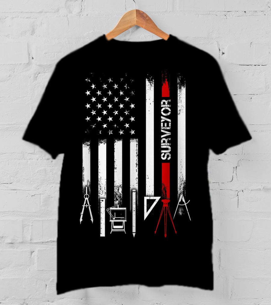 Surveyor American Flag With Tools And Compass Elements T-Shirt