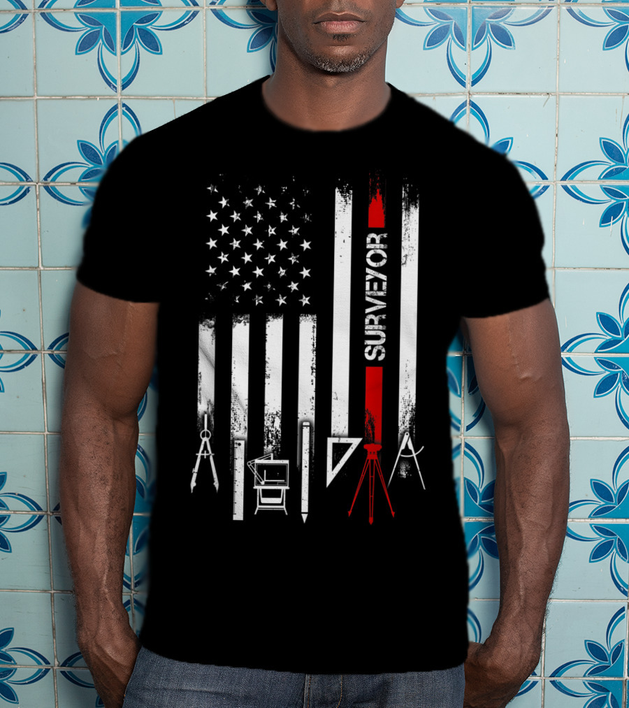 Surveyor American Flag With Tools And Compass Elements T-Shirt