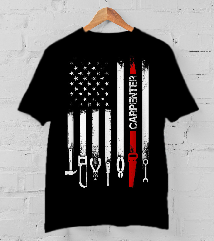 American Flag Carpenter Tools Vertical Stripes Saw Wrench Pliers Hammer T-Shirt
