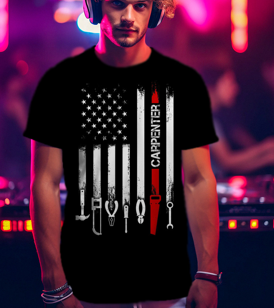 American Flag Carpenter Tools Vertical Stripes Saw Wrench Pliers Hammer T-Shirt