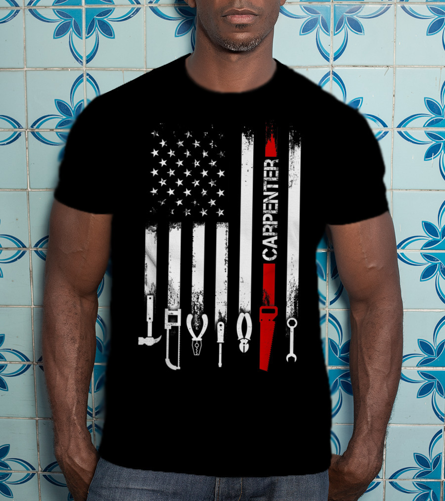 American Flag Carpenter Tools Vertical Stripes Saw Wrench Pliers Hammer T-Shirt