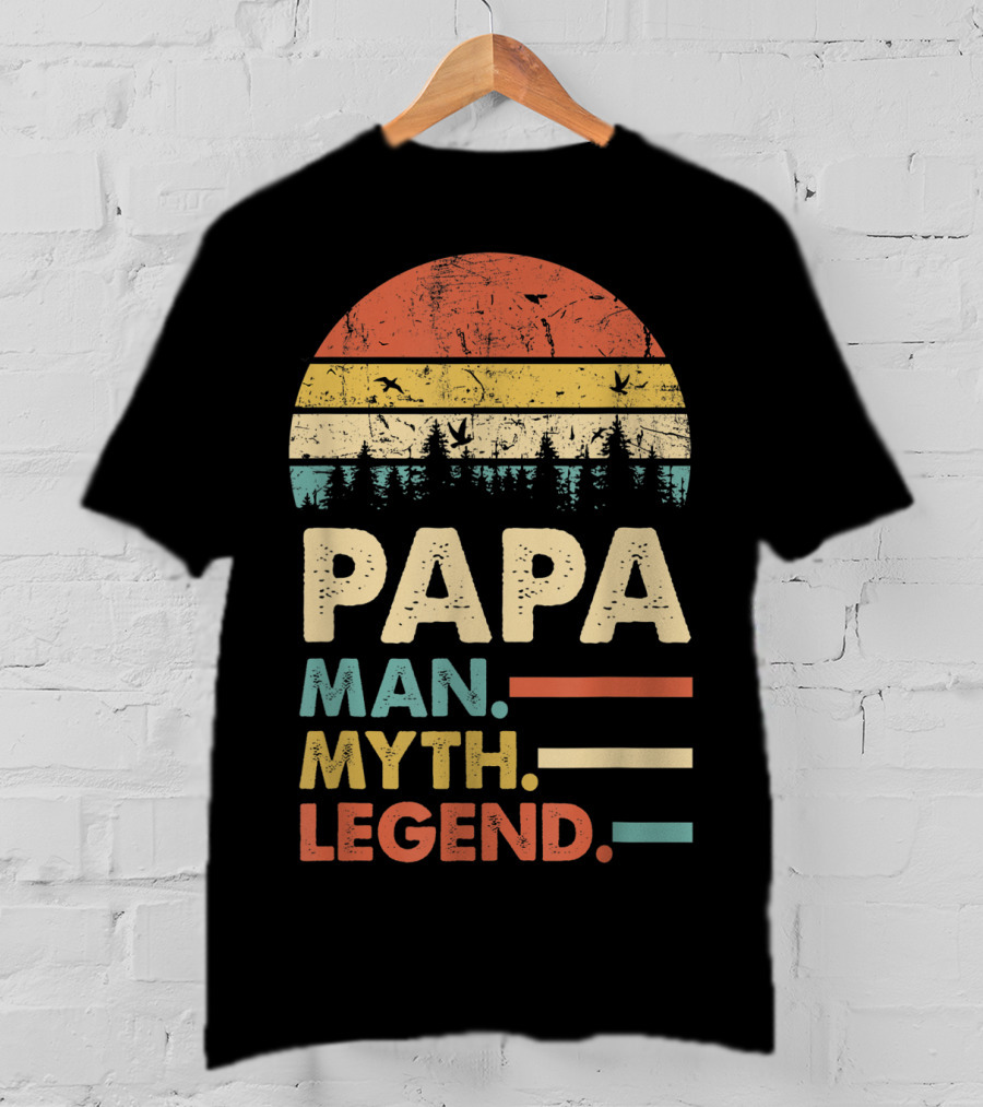 Papa Man Myth Legend Vintage Mens Dad Yx Retro Sunset Forest Birds T-Shirt