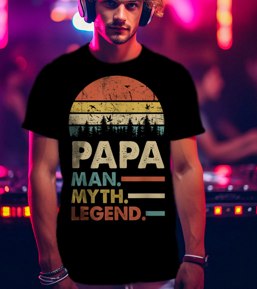Papa Man Myth Legend Vintage Mens Dad Yx Retro Sunset Forest Birds T-Shirt