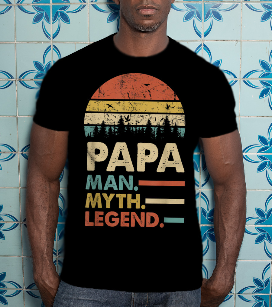 Papa Man Myth Legend Vintage Mens Dad Yx Retro Sunset Forest Birds T-Shirt