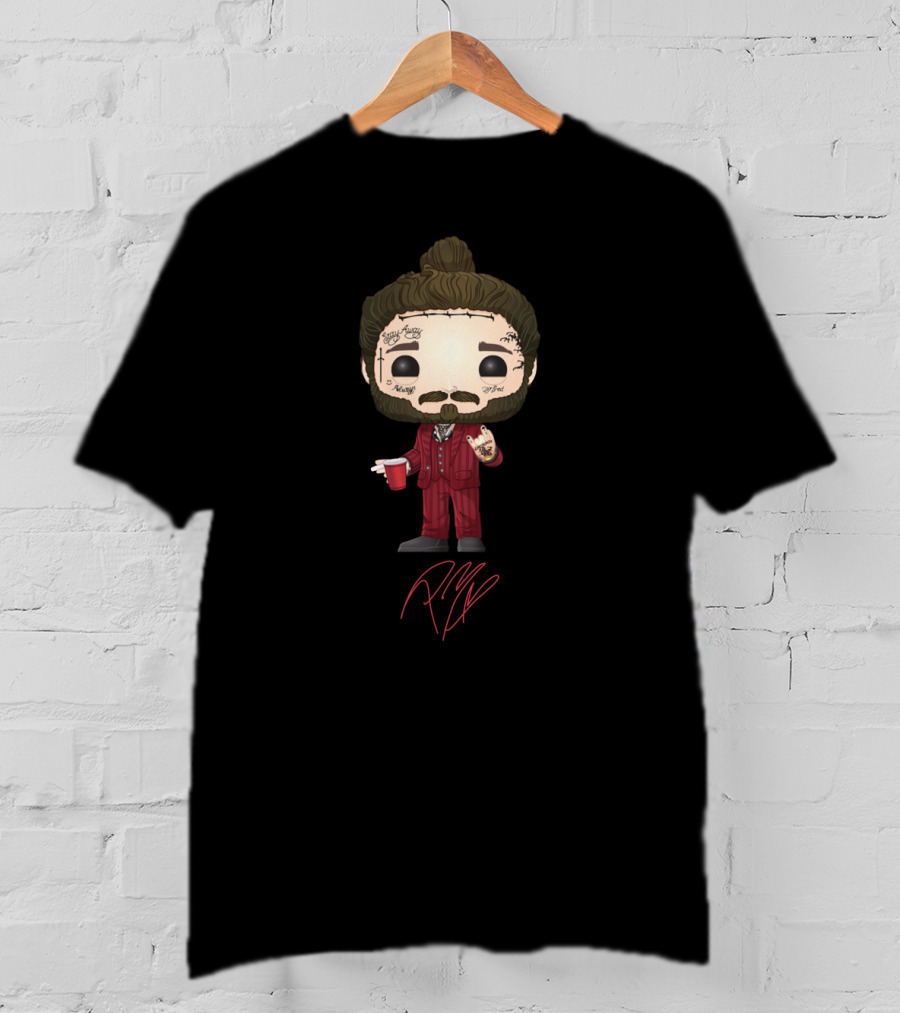 Post Malone Funko Pop Style Character With Tattoos And Red Suit Holding Cup T-Shirt