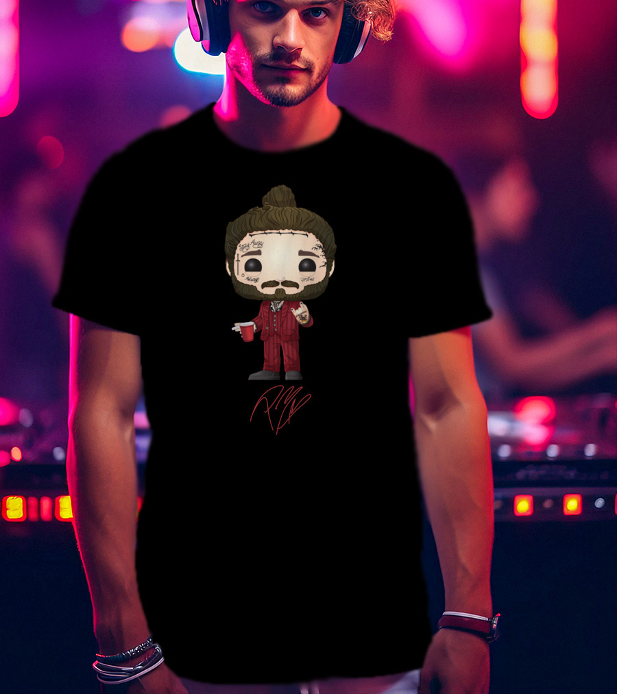 Post Malone Funko Pop Style Character With Tattoos And Red Suit Holding Cup T-Shirt