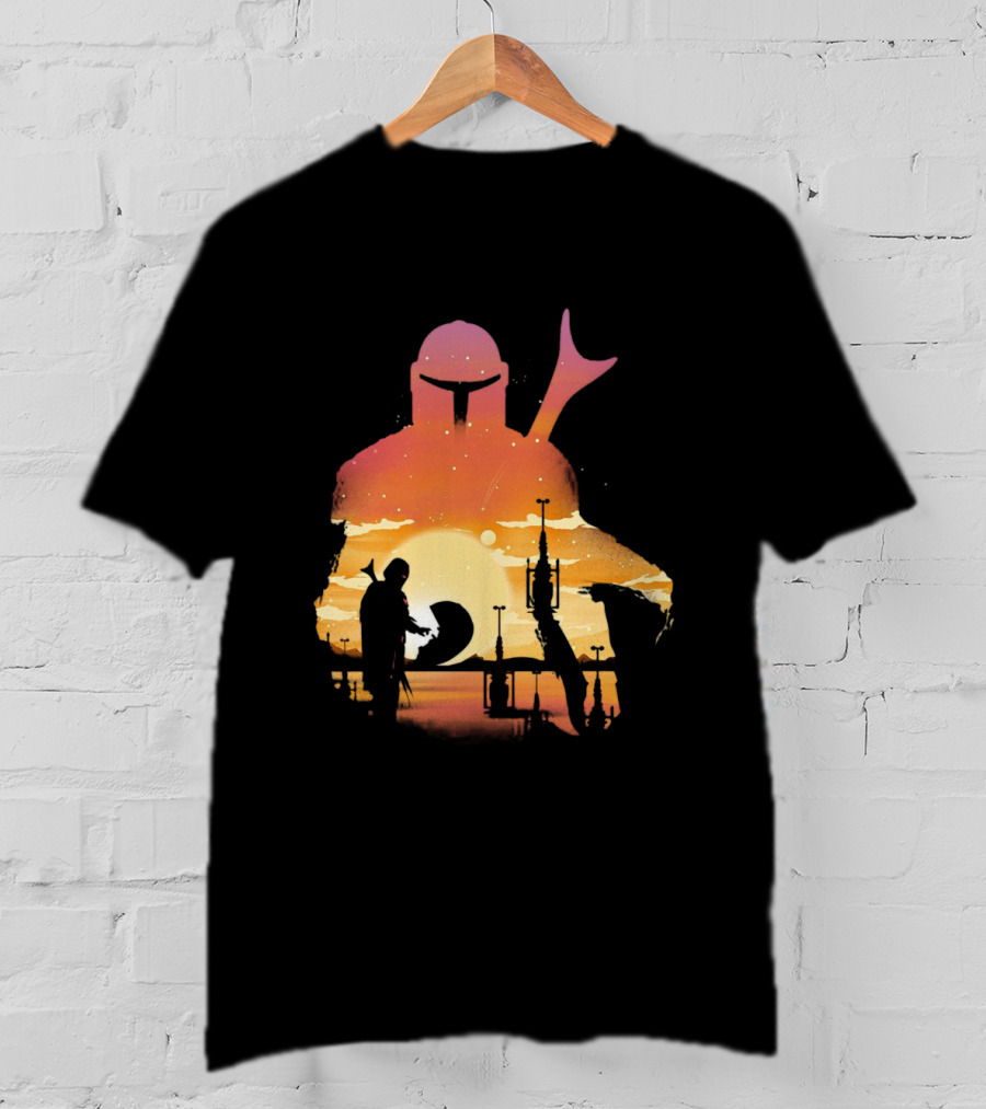 The Mandalorian Sunset Silhouette With Bounty Hunter And Child In Desert Scene T-Shirt