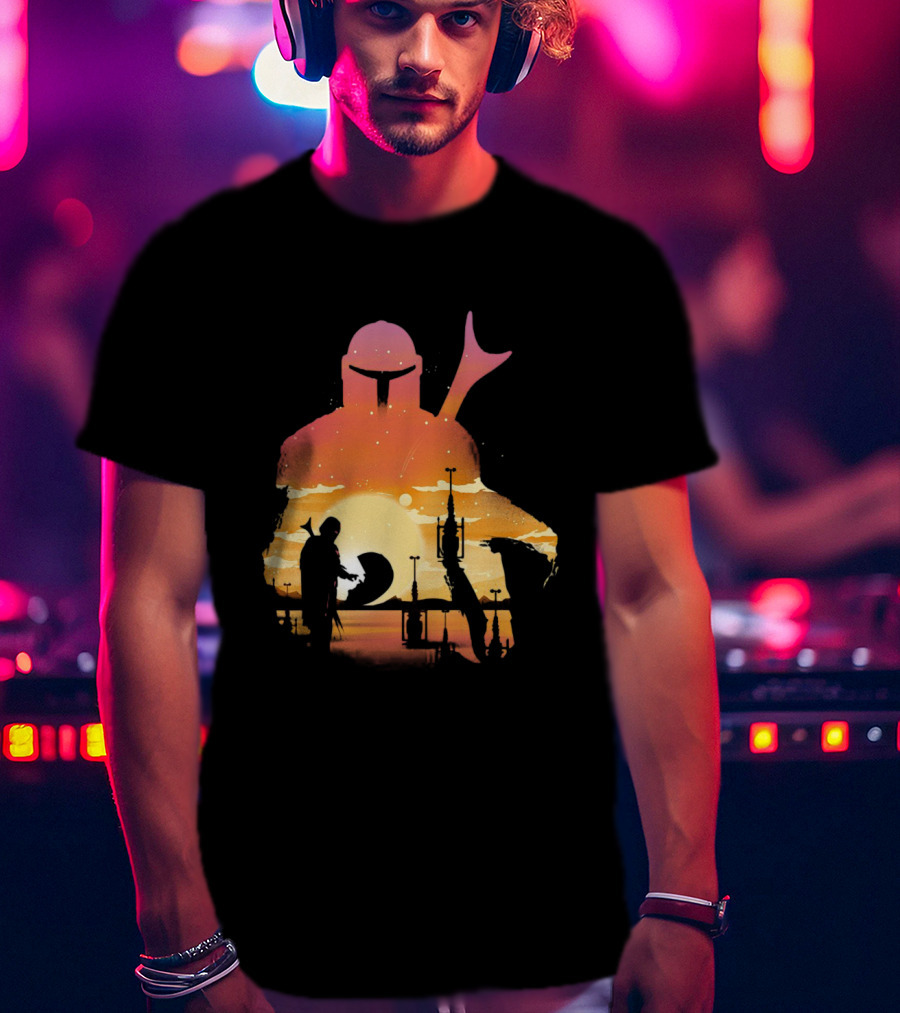 The Mandalorian Sunset Silhouette With Bounty Hunter And Child In Desert Scene T-Shirt
