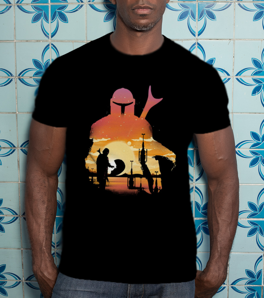 The Mandalorian Sunset Silhouette With Bounty Hunter And Child In Desert Scene T-Shirt