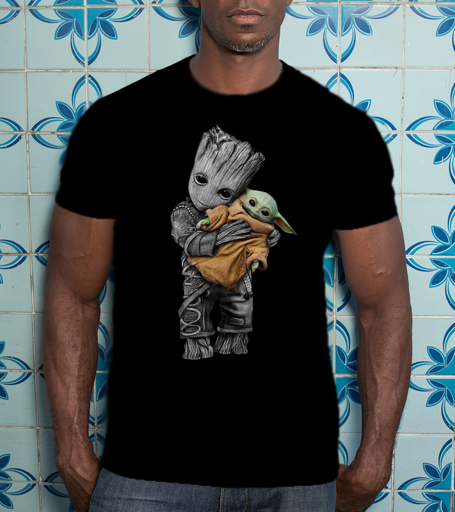 Groot Cradling Baby Yoda Together T-Shirt