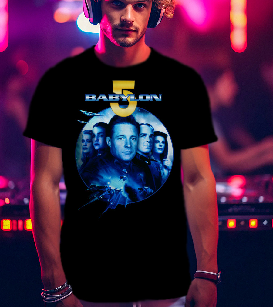 Babylon 5 Science Fiction Series Characters And Spaceship T-Shirt