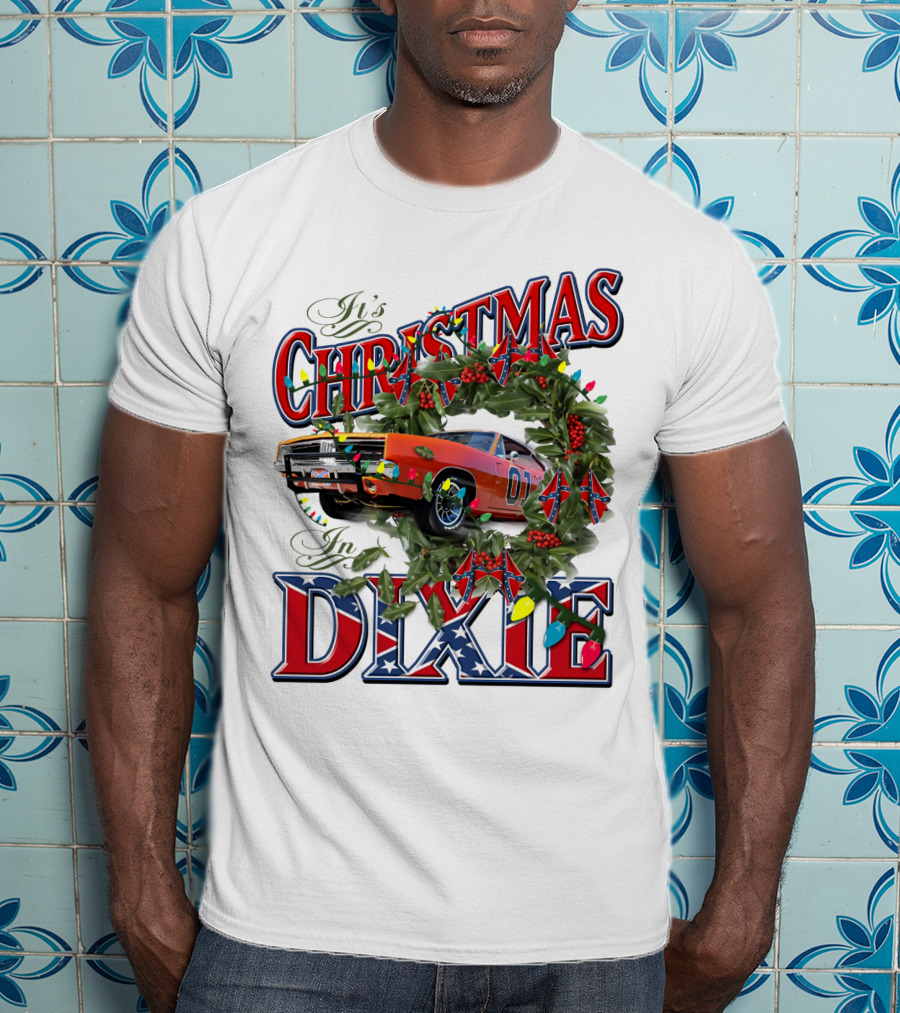 It's Christmas In Dixie 01 General Lee Car Wreath Lights T-Shirt