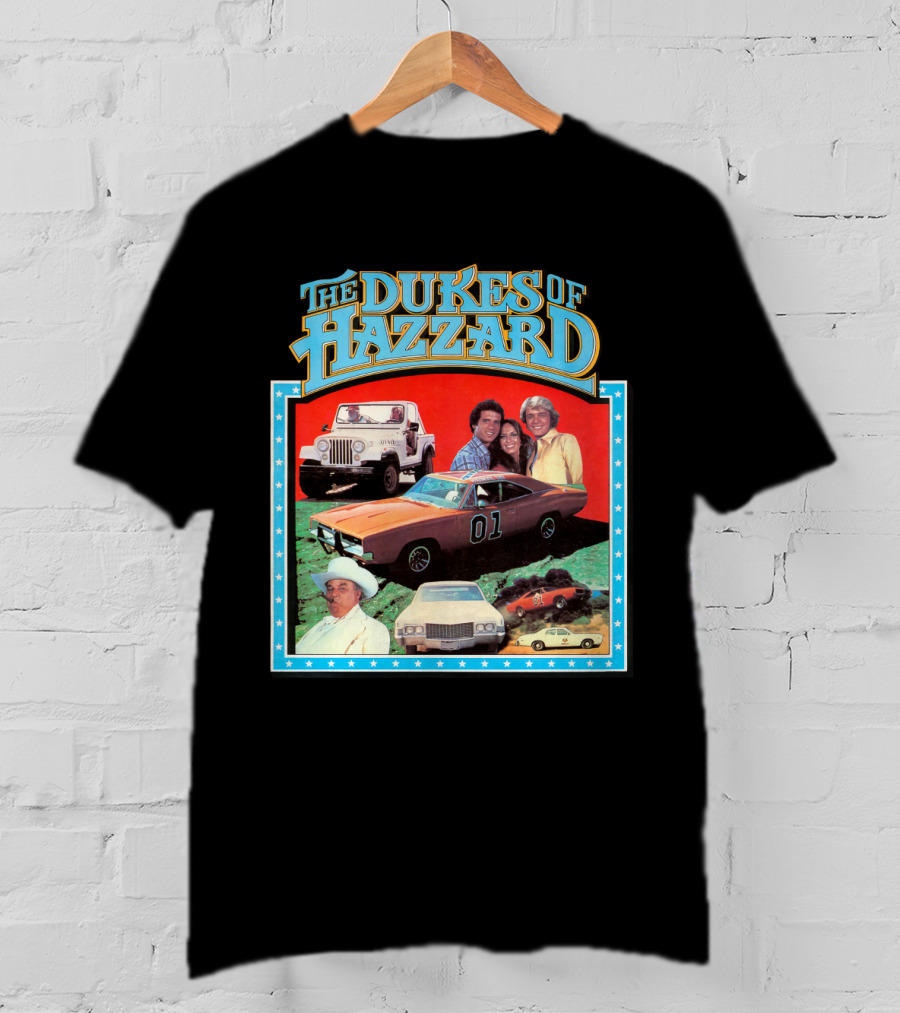 The Dukes Of Hazzard 01 Car And Characters With Jeep And Cowboy Hat T-Shirt