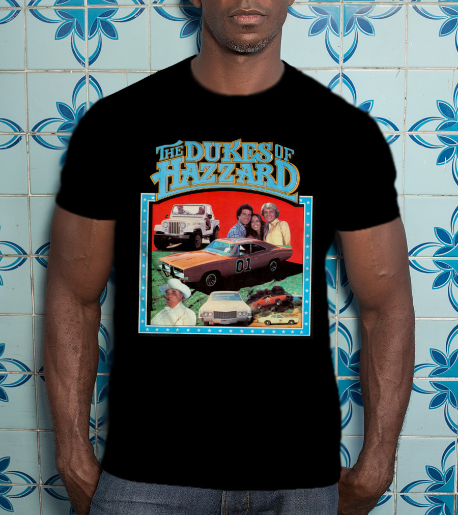 The Dukes Of Hazzard 01 Car And Characters With Jeep And Cowboy Hat T-Shirt