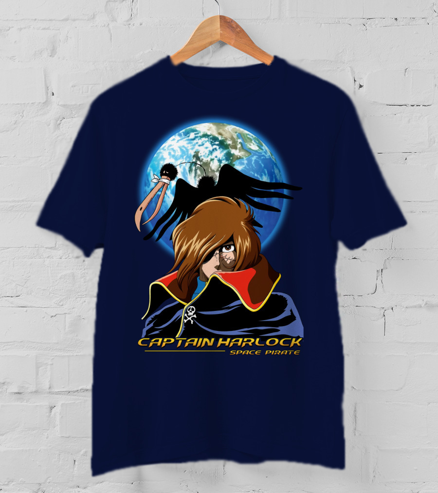 Captain Harlock Space Pirate Anime Icon With Earth And Black Bird T-Shirt