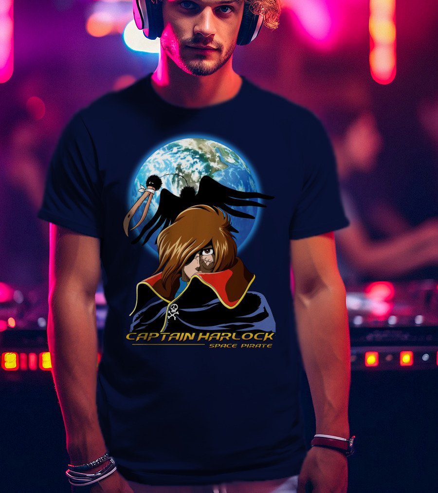 Captain Harlock Space Pirate Anime Icon With Earth And Black Bird T-Shirt