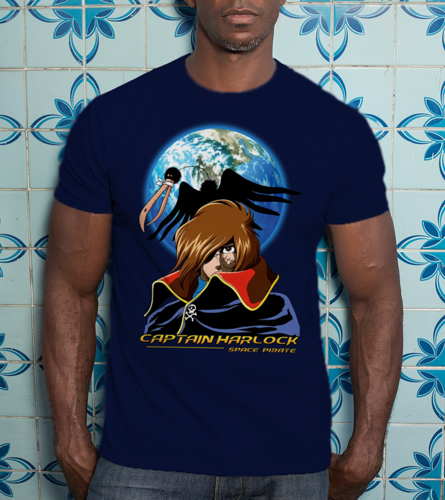 Captain Harlock Space Pirate Anime Icon With Earth And Black Bird T-Shirt