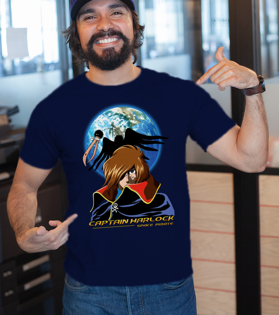Captain Harlock Space Pirate Anime Icon With Earth And Black Bird T-Shirt