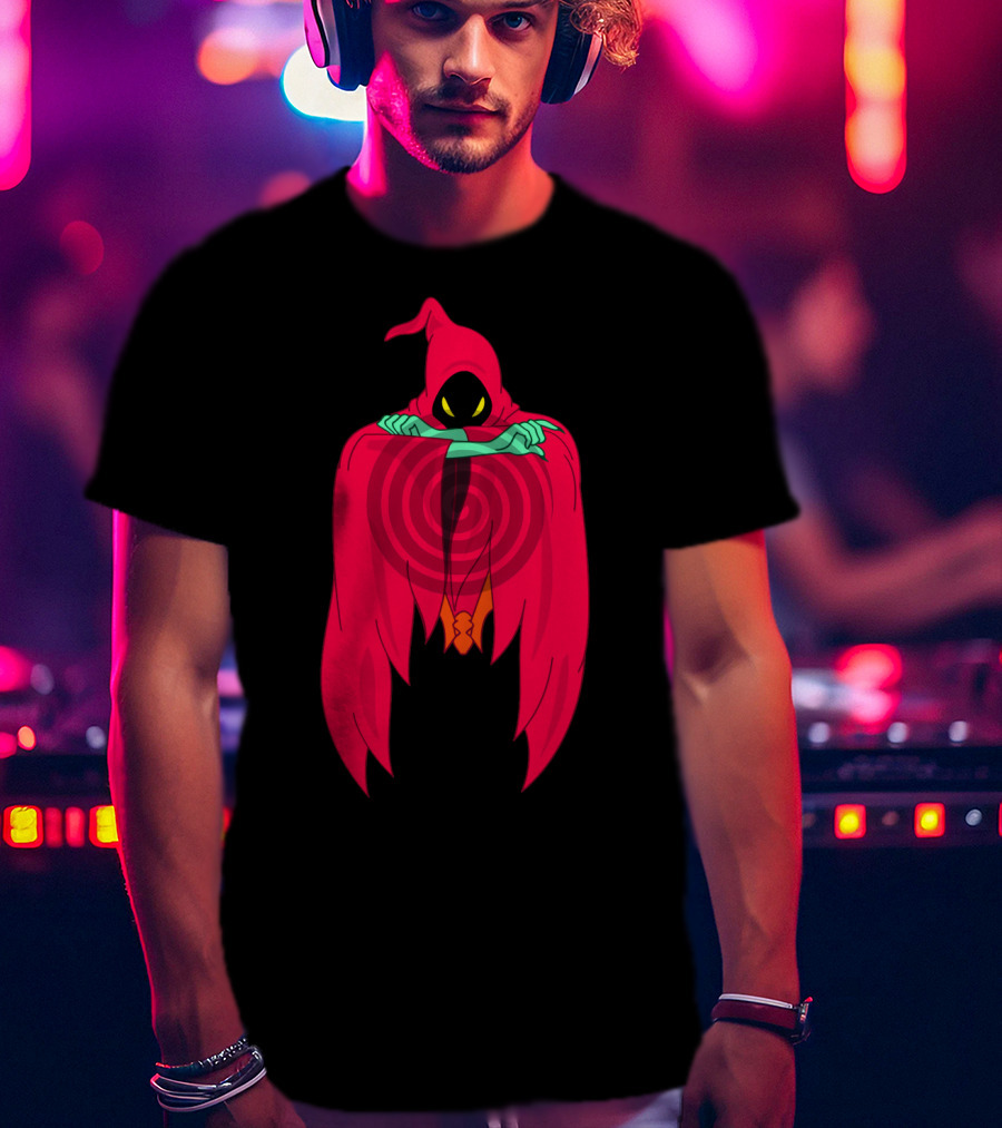 Shadow Weaver Enigmatic Hooded Phantom With Red Cape And Yellow Eyes T-Shirt