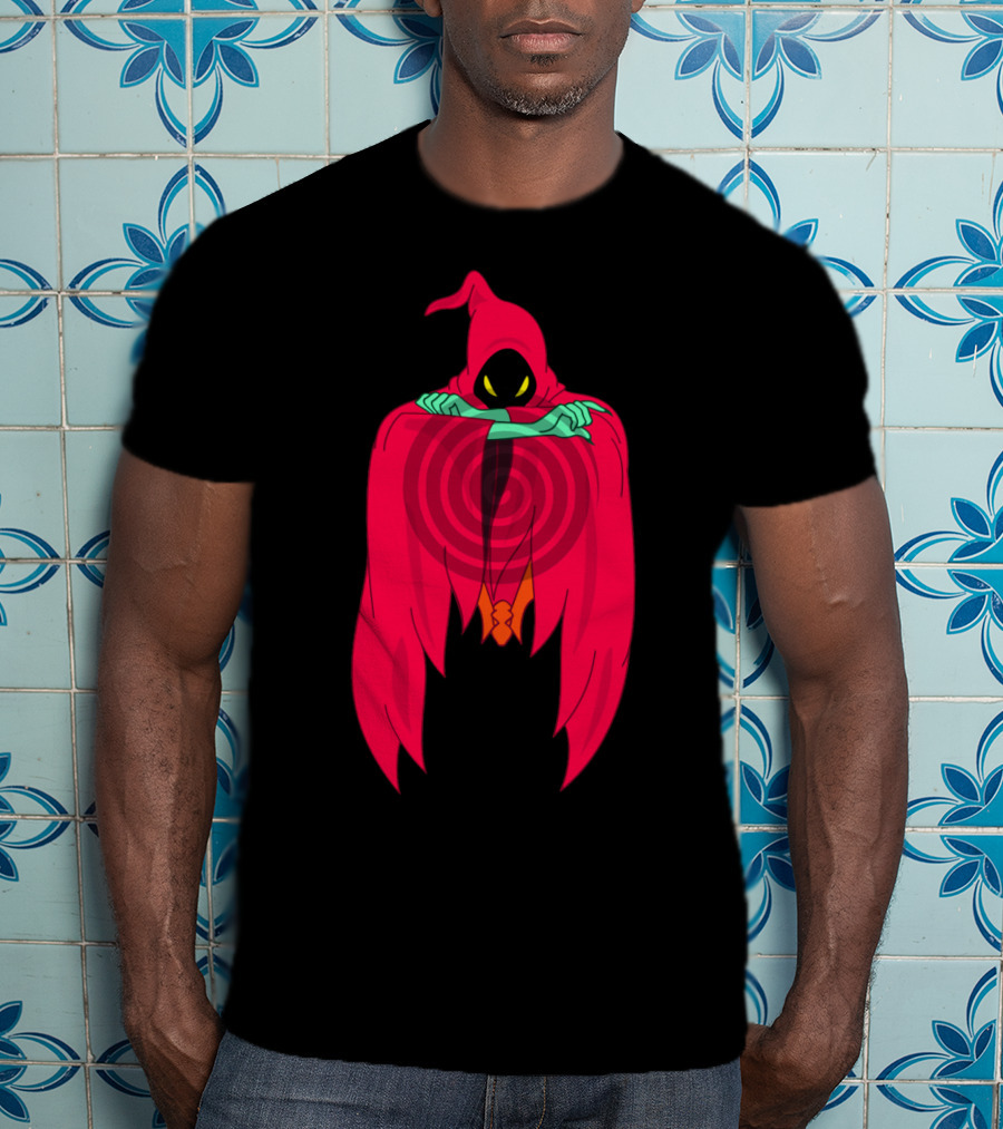 Shadow Weaver Enigmatic Hooded Phantom With Red Cape And Yellow Eyes T-Shirt