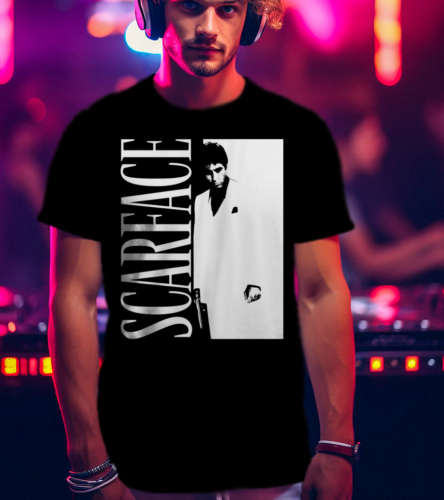 Scarface White Suit Black Background Iconic Movie Image T-Shirt