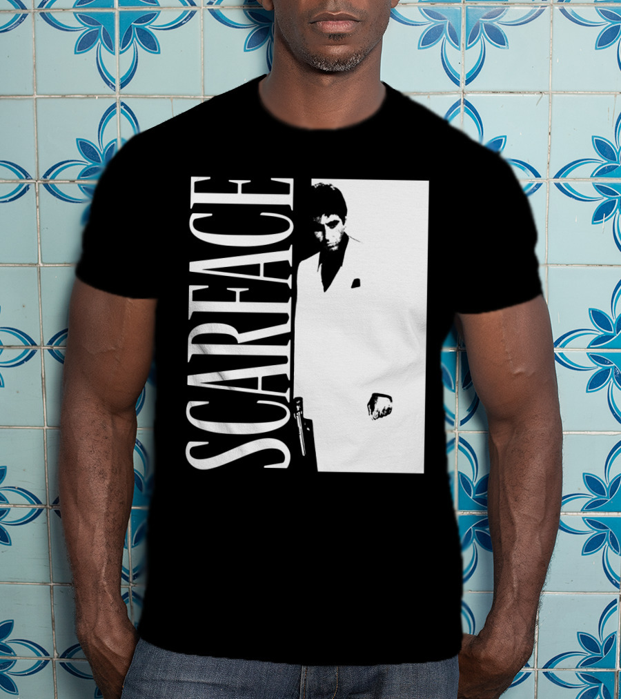 Scarface White Suit Black Background Iconic Movie Image T-Shirt